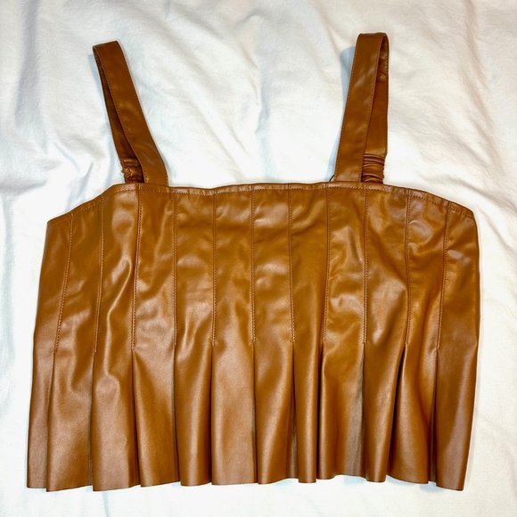 Brown Faux Leather Set the Scene Pleated Crop Tank Top - Picture 5 of 16
